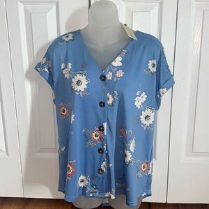 Floral button high low silky boho top shirt blouse women’s blue medium m NWT